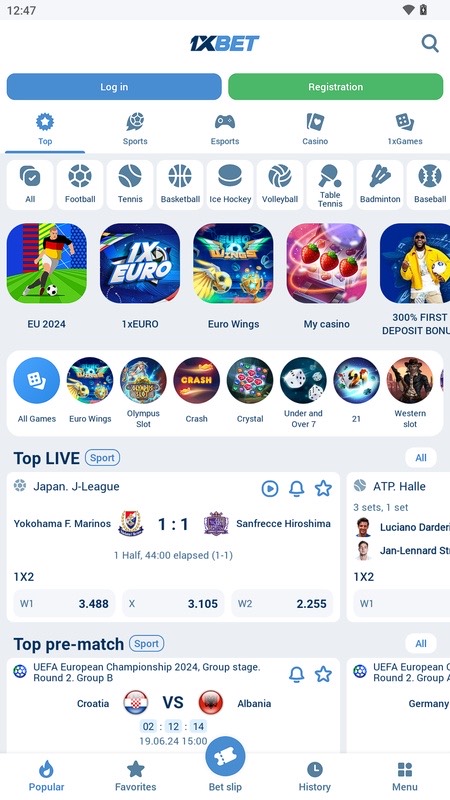 1xBet: home screen with sports, casino and live matches