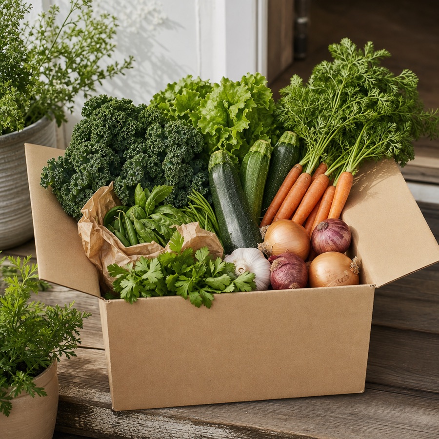 A kraft cardboard veg box freshly packed with kale, courgettes, carrots, onions and herbs on a doorstep