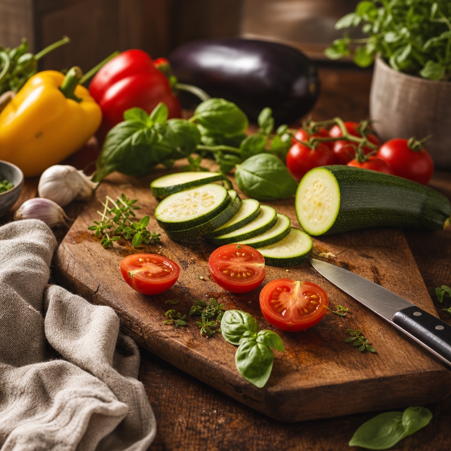 Fresh vegetables on a wooden chopping board — sliced courgette, halved tomatoes and herbs with a knife resting beside