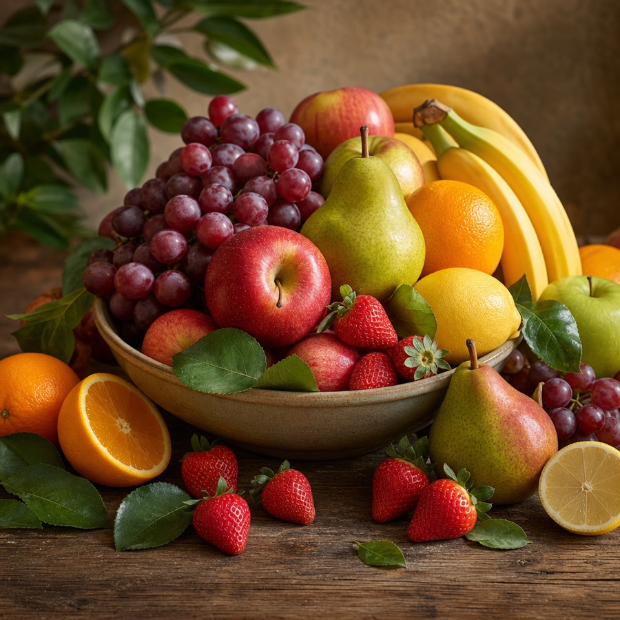A colourful still life of fresh organic fruit — apples, pears, grapes, oranges, strawberries, lemon and banana — overflowing from a wooden bowl