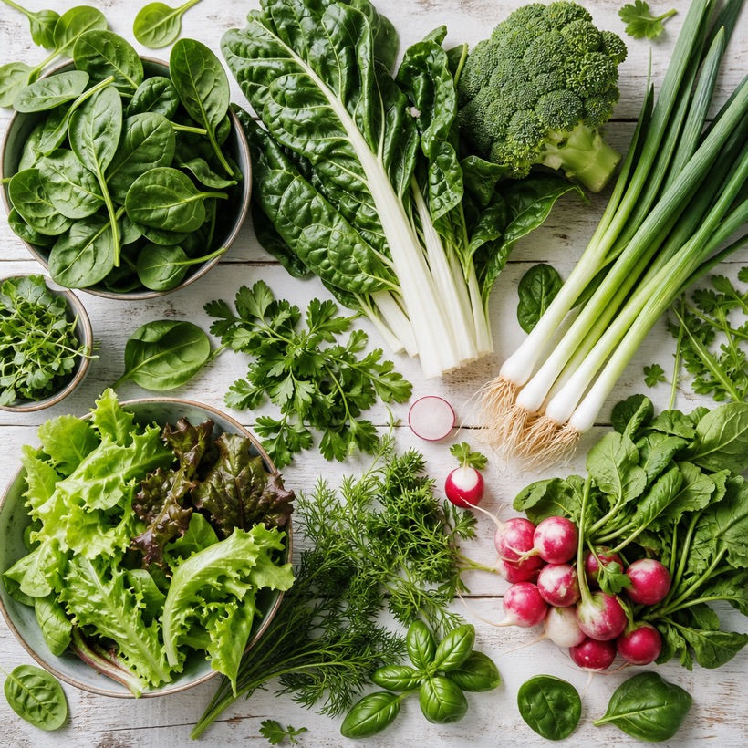 A fresh flat-lay of seasonal greens and vegetables: spinach, chard, broccoli, spring onions, radishes, lettuce and herbs on whitewashed wood