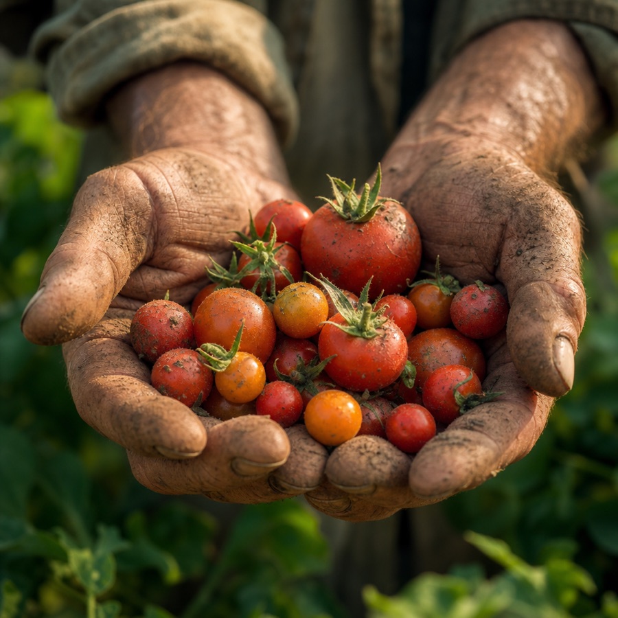Weathered hands cupping freshly harvested ripe tomatoes, dusty from the field, with green plants behind