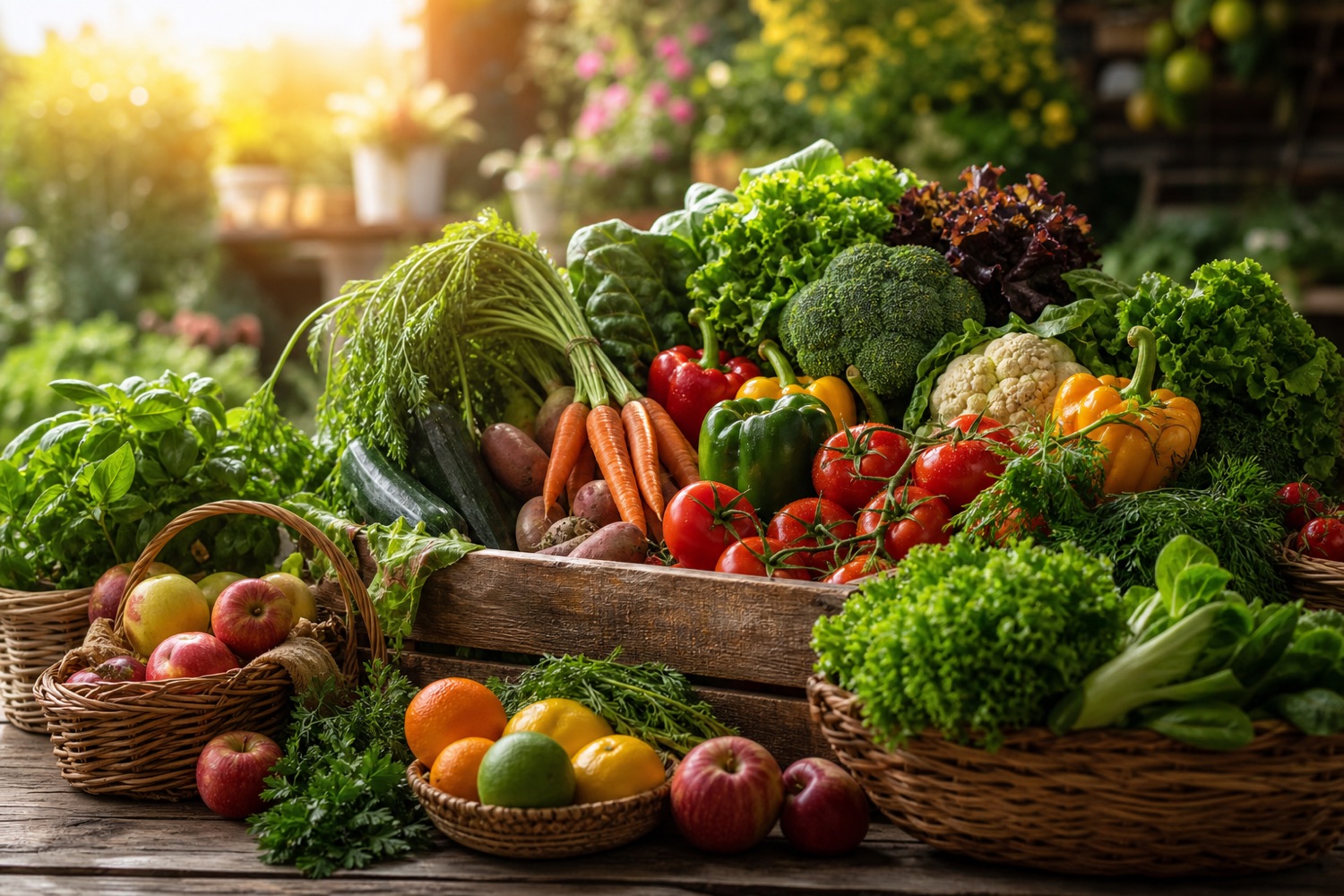 An abundant crate and baskets of fresh organic vegetables and fruit on a wooden farm table in warm morning light