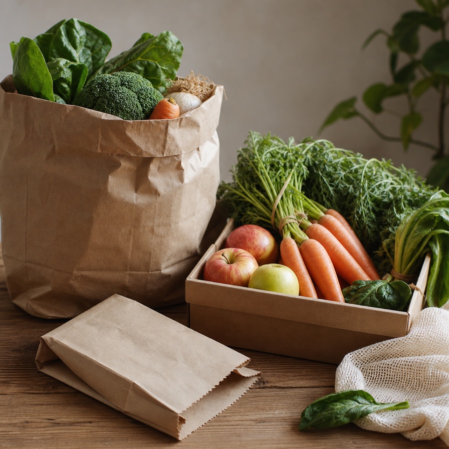 Plastic-free produce packaging — loose vegetables in a paper bag and a reusable kraft box of carrots, apples and greens with a folded paper bag and cloth bag